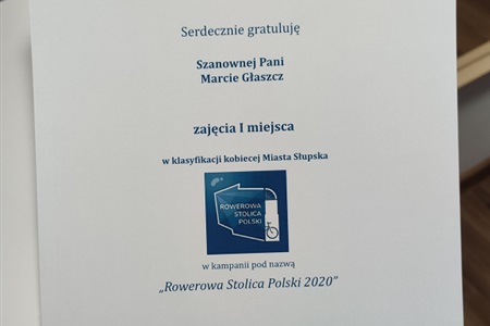 list gratulacyjny dla Pani Mart Głaszcz za zajęcie pierwszego miejsca w klasyfikacji kobiecej Miasta Słupska
