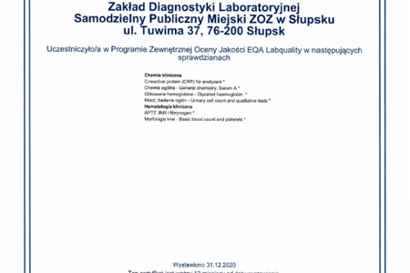certyfikat za rok 2020 dla ZDL SPMZOZ
