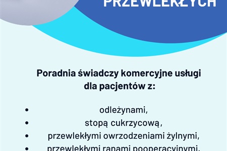 plakat informacyjny w kolorze niebieskim, grafika pokazująca bandaż Samodzielny Publiczny Miejski Zakład Opieki Zdrowotnej  w Słupsku, PORADNIA LECZENIA RAN PRZEWLEKŁYCH