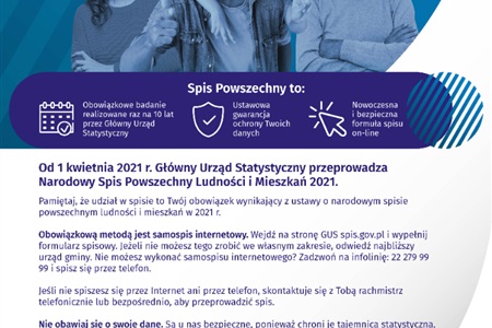 niebieski plakat informacyjny, nagłówek " Narodowy Spis Powszechny Ludności i Mieszkań 2021" 