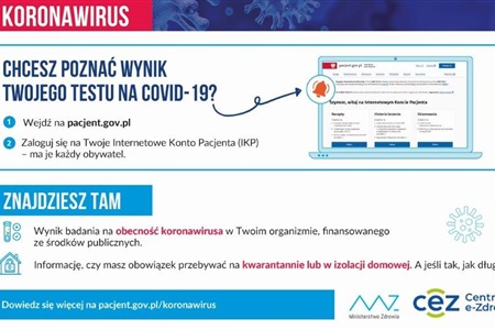Wyniki testów na koronawirusa oraz informacja o kwarantannie lub izolacji na Internetowym Koncie Pacjenta